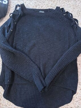 Express Black Lace-Up Shoulder Crew Neck Sweater